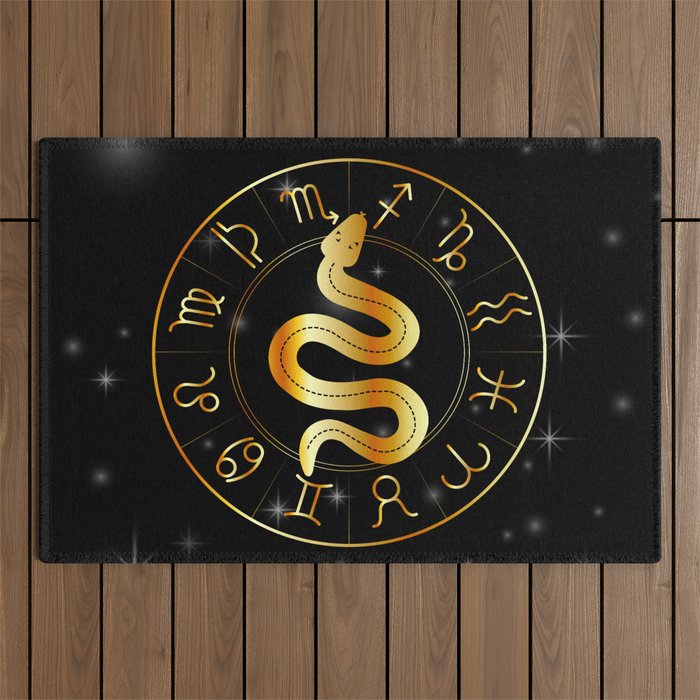 Zodiac symbols astrology signs with mystic serpentine in gold Outdoor Rug