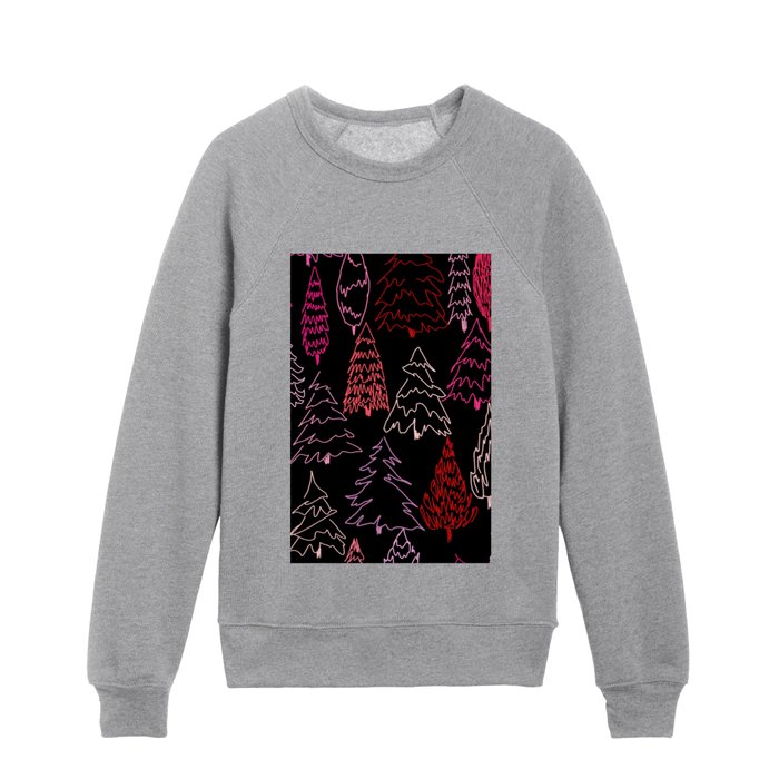 Pink Scribble Christmas Trees - Black Kids Crewneck