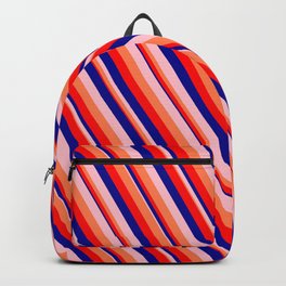 [ Thumbnail: Pink, Coral, Red, and Dark Blue Colored Pattern of Stripes Backpack ]