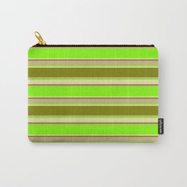 [ Thumbnail: Chartreuse, Pale Goldenrod, Green & Tan Colored Pattern of Stripes Carry-All Pouch ]