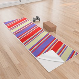 [ Thumbnail: Red, Slate Blue, and Pale Goldenrod Colored Lined/Striped Pattern Yoga Towel ]