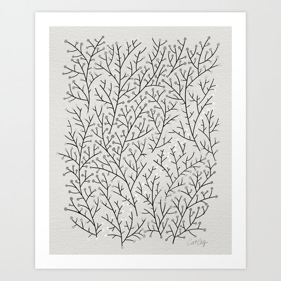 Berry Branches – Silver & Black Art Print