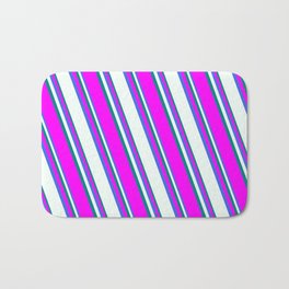 [ Thumbnail: Royal Blue, Mint Cream, Teal, and Fuchsia Colored Lined Pattern Bath Mat ]
