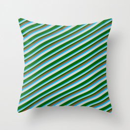 [ Thumbnail: Sienna, Deep Sky Blue, Light Gray & Dark Green Colored Lined/Striped Pattern Throw Pillow ]
