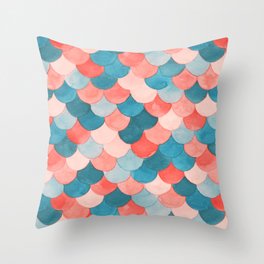 Watercolor Mermaid Scales in Peach and Teal Throw Pillow