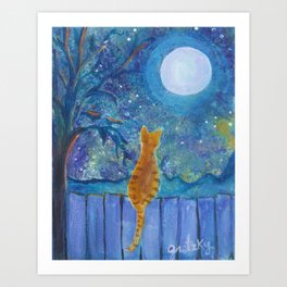 Cat on a fence in the moonlight Art Print