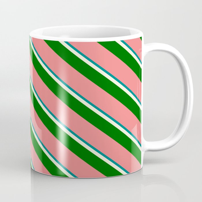 Teal, Beige, Dark Green & Light Coral Colored Lines Pattern Coffee Mug