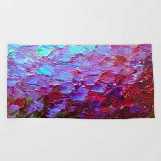 MERMAID SCALES - Colorful Ombre Abstract Acrylic Impasto Painting Violet Purple Plum Ocean Waves Art Beach Towel