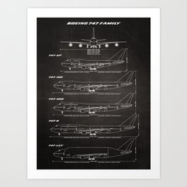 Boeing 747 Family Blueprint in High Resolution (black) Art Print