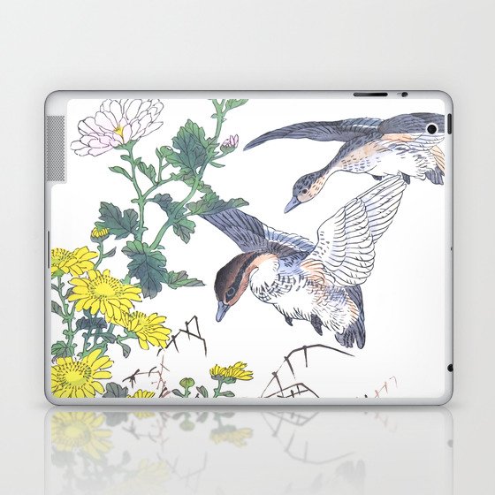 Kono Bairei - Two Flying Ducks And Chrysanthemum Flowers - Antique Japanese Woodblock Print Art Laptop & iPad Skin