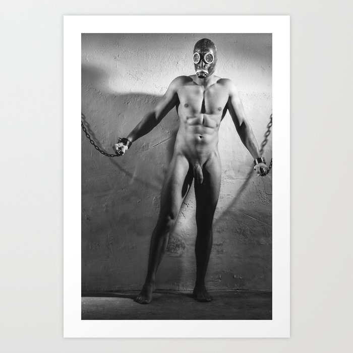 Naked man shackled with heavy cuffs in a bdsm dungeon setting #E0032 Art Print
