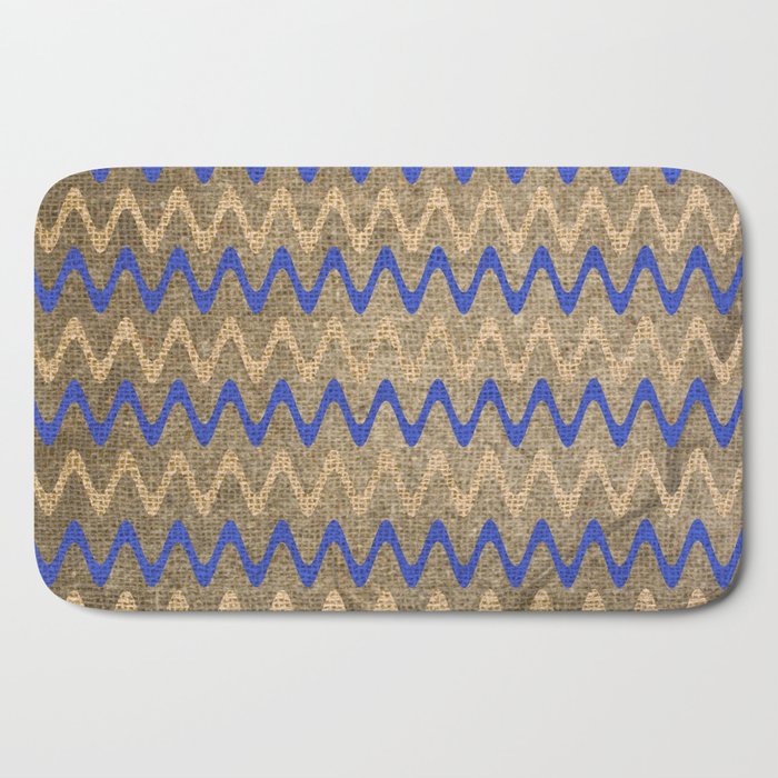 Blue and Tan Zigzag Stripes on Grungy Brown Burlap Graphic Design Bath Mat