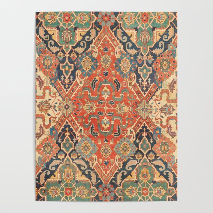 Geometric Leaves VII // 18th Century Distressed Red Blue Green Colorful Ornate Accent Rug Pattern Poster