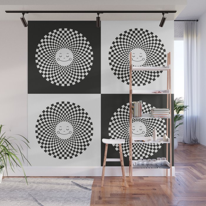 Checkered Black and White Smiley Sun Pattern Wall Mural