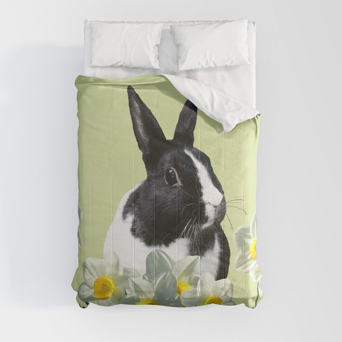 Black White Bunny - Rabbit - Daffodils - Eastern Design Comforter