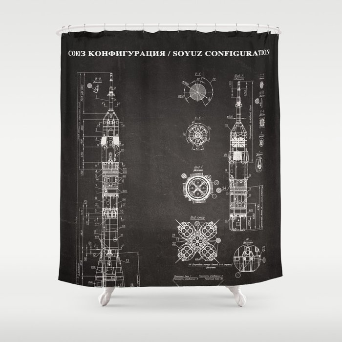 Soyuz Blueprint in High Resolution (black) Shower Curtain