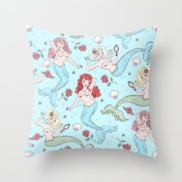 Mermaids and Roses on Aqua Throw Pillow