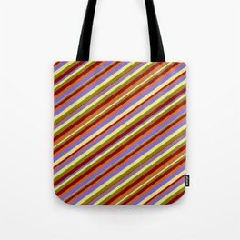 [ Thumbnail: Eyecatching Medium Slate Blue, Tan, Green, Dark Red & Chocolate Colored Striped/Lined Pattern Tote Bag ]