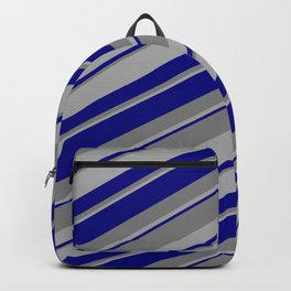 [ Thumbnail: Blue, Gray & Dark Gray Colored Stripes/Lines Pattern Backpack ]