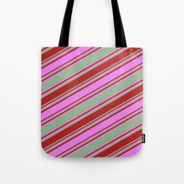 [ Thumbnail: Dark Sea Green, Red, and Violet Colored Stripes Pattern Tote Bag ]
