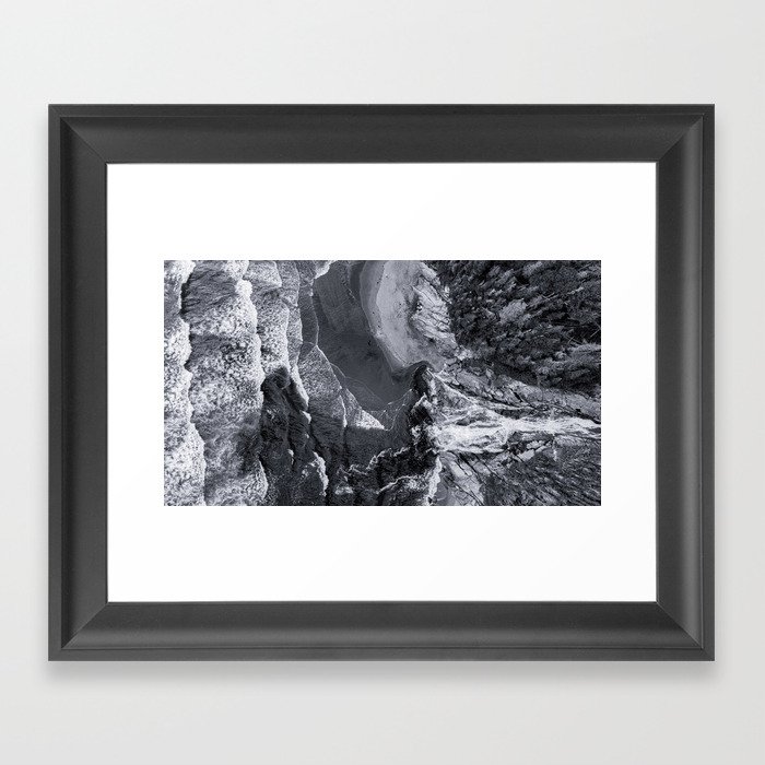 Secret Waterfall in nature - Black and white art aerial photography Framed Art Print