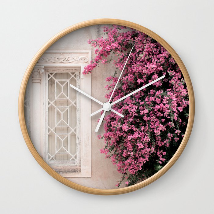 Pretty Window - Bougainvillea Flowers - Minimalist Portugal Travel Photography By Ingrid Beddoes Wall Clock