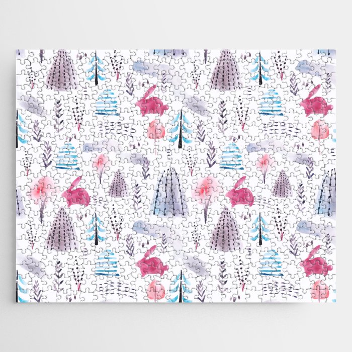 Pink Winter Forest Hop Bunny Watercolor Jigsaw Puzzle