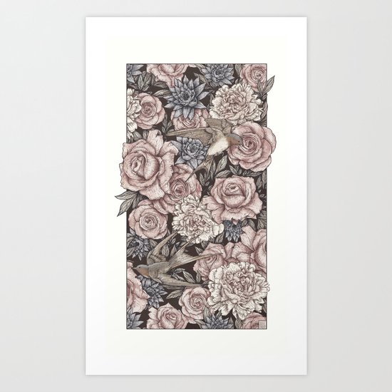 Flowers & Swallows Art Print