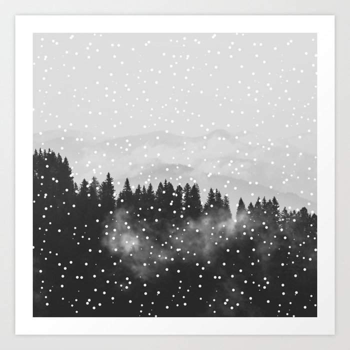Mountains pine tree forest snow fog landscapes  Art Print