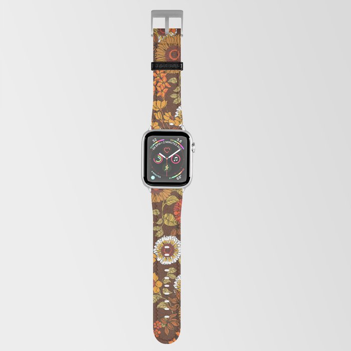 70s retro ditzy flowers, boho, browns, orange, hippie Apple Watch Band