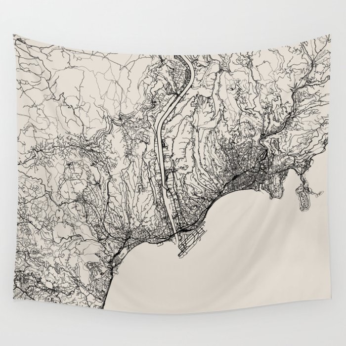 France, Nice City Map Drawing - Black and White Wall Tapestry