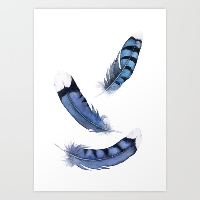 Falling Feather, Blue Jay Feather, Blue Feather watercolor painting by Suisai Genki Art Print