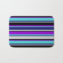 [ Thumbnail: Colorful Dark Violet, Turquoise, Midnight Blue, Light Gray & Black Colored Striped/Lined Pattern Bath Mat ]
