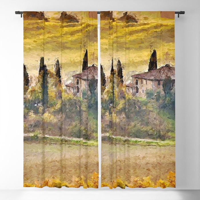 Italian Villa, Rolling Hills and Vineyards of Tuscany, Italy landscape painting Blackout Curtain