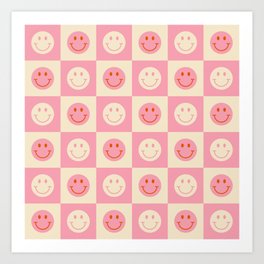 70s Retro Smiley Face Tile Pattern in Pink & Beige Art Print