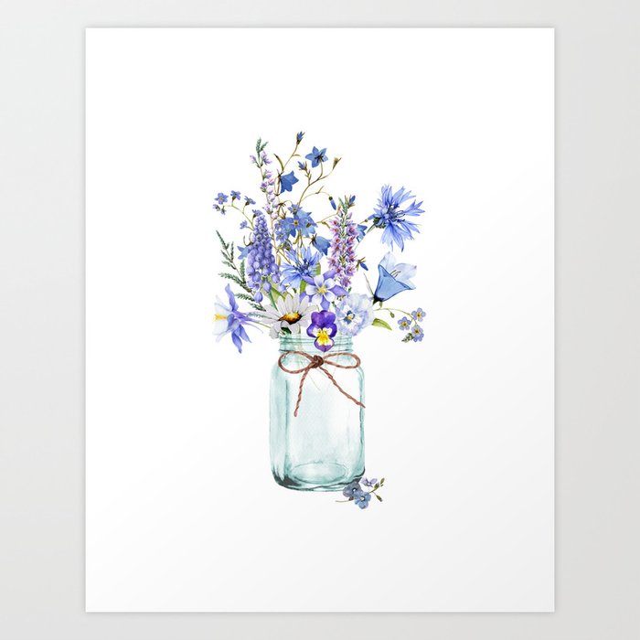 Hand Painted Scandinavian Watercolor Blue Flowers & Cornflowers  Bouquet Art Print