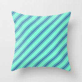 [ Thumbnail: Aquamarine and Blue Colored Striped/Lined Pattern Throw Pillow ]