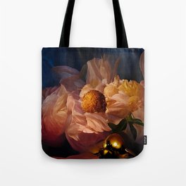 Peonies in Midnight, Peach, and Gold Tote Bag
