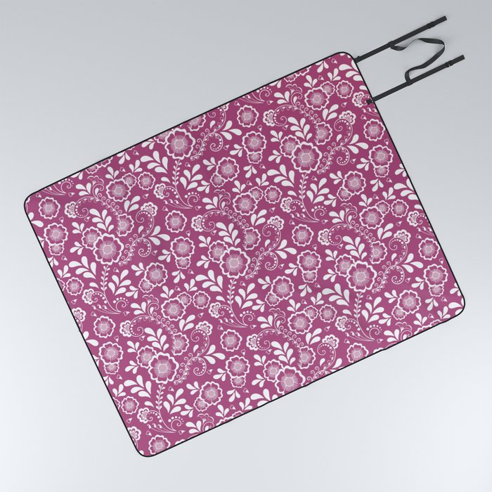 Magenta And White Eastern Floral Pattern Picnic Blanket
