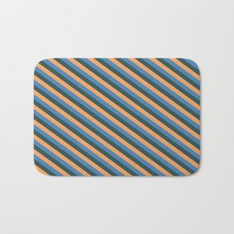 [ Thumbnail: Blue, Dark Slate Gray, and Brown Colored Lined Pattern Bath Mat ]