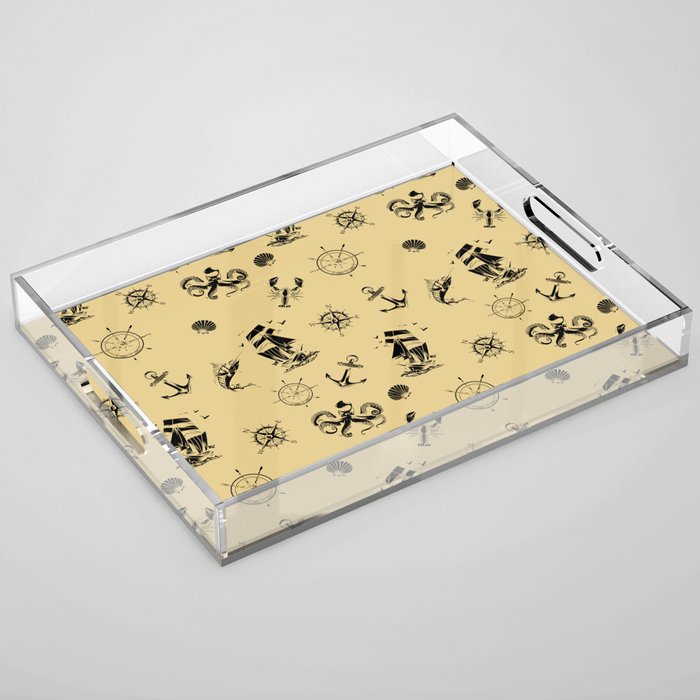 Beige And Black Silhouettes Of Vintage Nautical Pattern Acrylic Tray