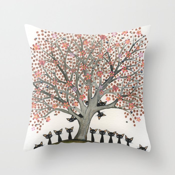 Barbados Whimsical Cats in Tree Throw Pillow