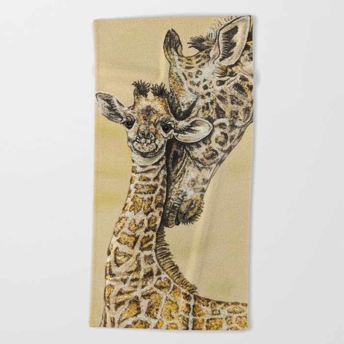 baby giraffe and mom Beach Towel