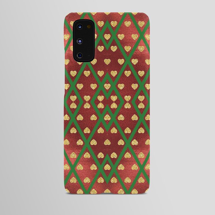Gold Hearts on a Red Shiny Background with Green Crisscross  Diamond Lines Android Case