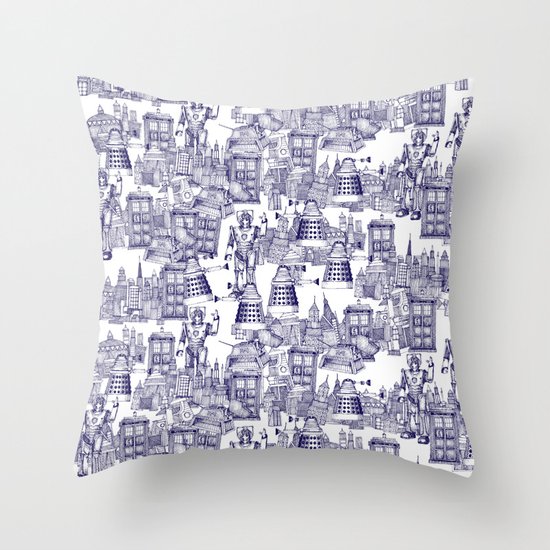 Doctor Who Toile de Jouy | 'Walking Doodle' | Blue Throw Pillow