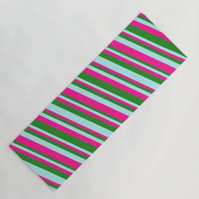 Turquoise, Deep Pink, and Forest Green Colored Pattern of Stripes Yoga Mat