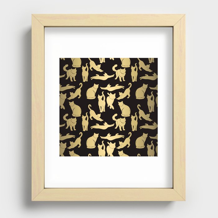 Gold Metallic Cat Silhouette on Black Background Recessed Framed Print