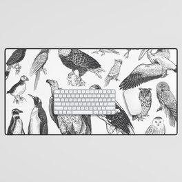 Birds of wildlife set. Eagles, owls, parrots, pelican, penguins, ibis, puffin isolated on white background. Tropical, exotic, water birds. Black white illustration. Vintage. Vintage. Realistic graphics Desk Mat