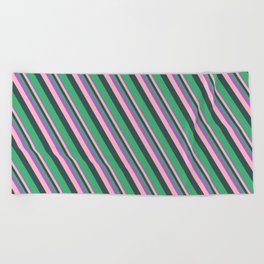 [ Thumbnail: Orchid, Light Pink, Dark Slate Gray, and Sea Green Colored Lines/Stripes Pattern Beach Towel ]