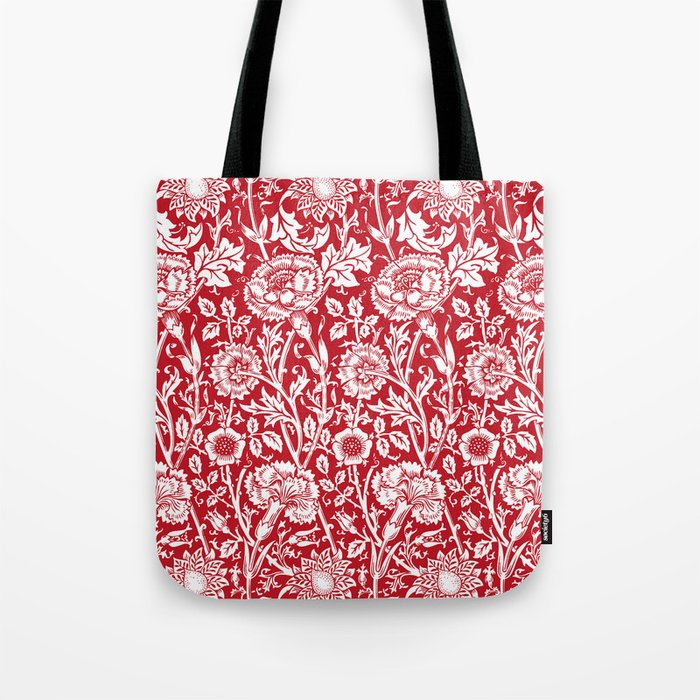 William Morris Floral Pattern | “Pink and Rose” in Red and White | Vintage Flower Patterns | Tote Bag